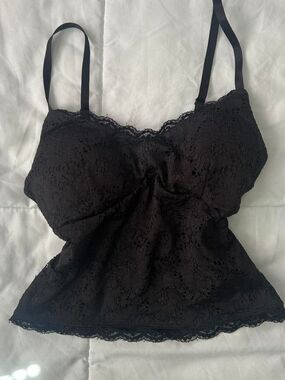 Lace Trim Spaghetti Strap Cami Tank Top - Black
